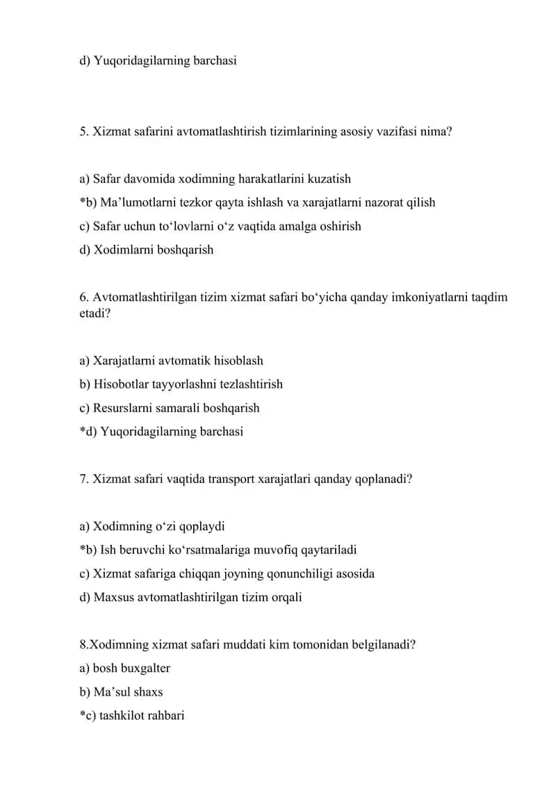 Xizmat safarini tashkil etishga oid test 2
