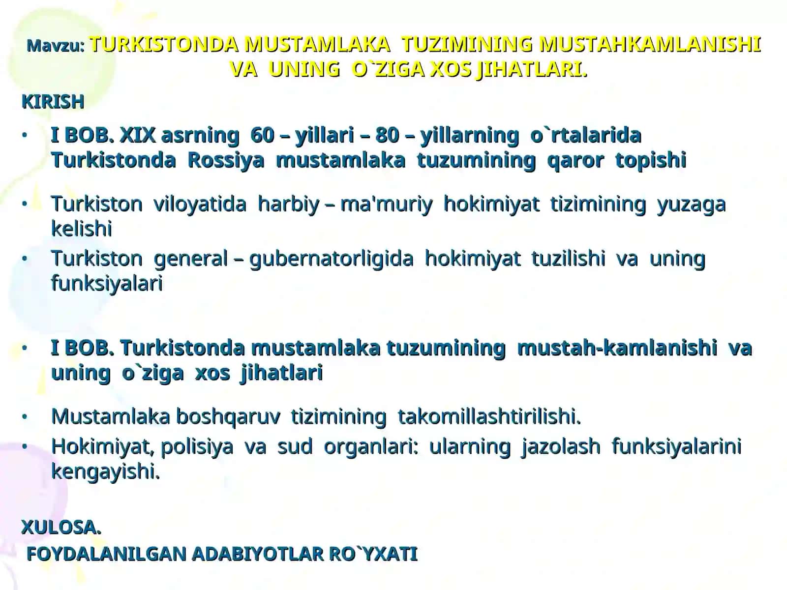 Turkistonda mustamlaka tuzimining mustahkamlanishi va uning o`ziga xos jihatlari 2