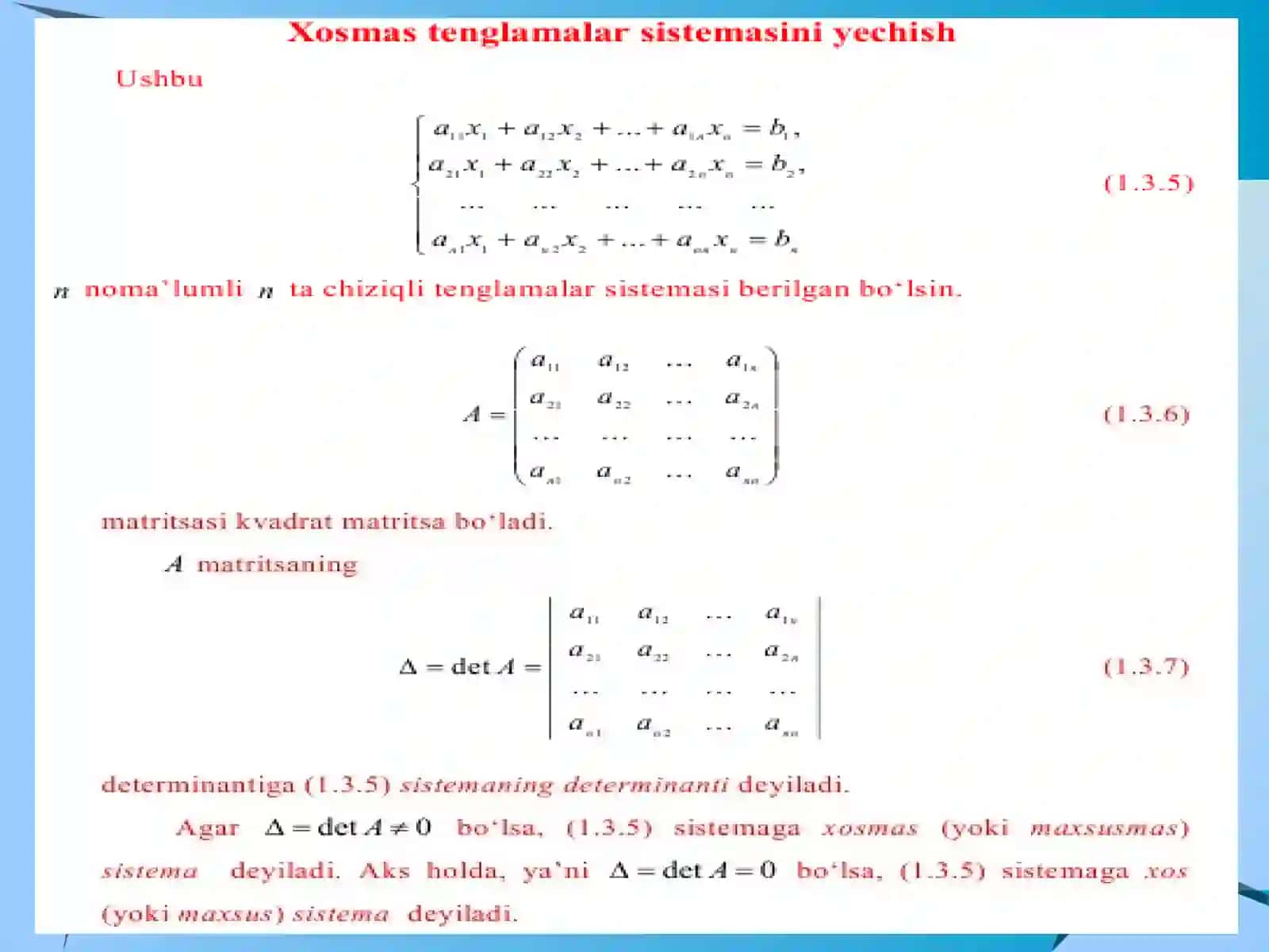 Chiziqli algebraik tenglamalar sistemasi va ularni yechish usullari 2