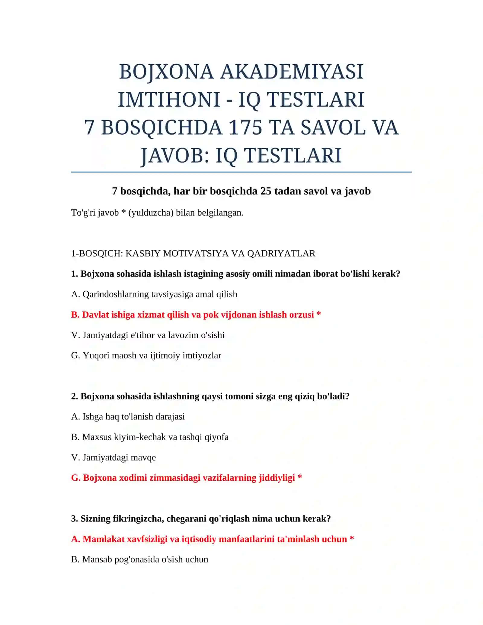 BOJXONA AKADEMIYASI IMTIHONI - IQ TESTLARI 2