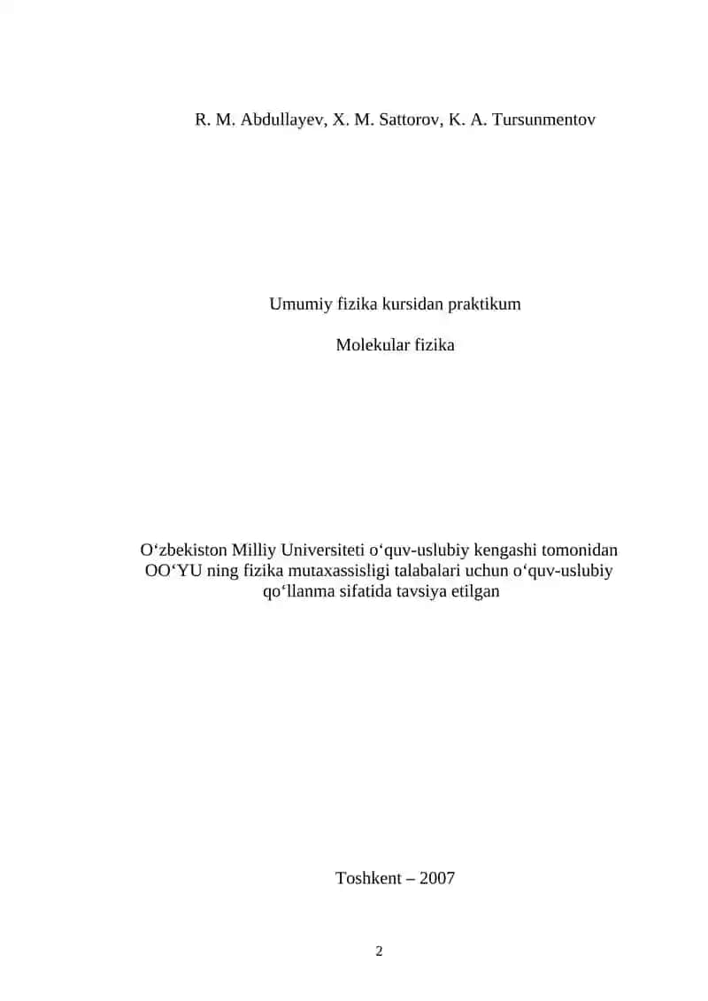 Umumiy fizika kursidan praktikum Molekular fizika 2