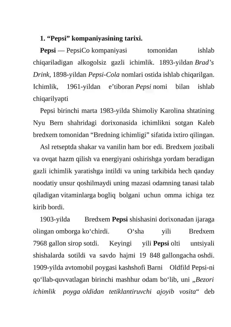 Pepsi kompaniyasining iqtisodiy tahlili 2
