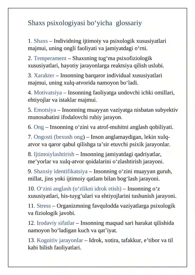 Shaxs psixologiyasi bo‘yicha glossariy 2