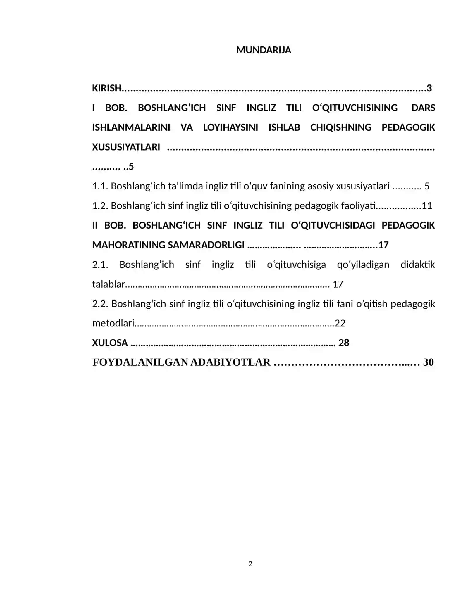 “BOSHLANGʻICH SINF INGLIZ TILI OʻQITUVCHISINING DARS ISHLANMALARINI TUZISH ISHLANMA-LOYIHASI’’ 2