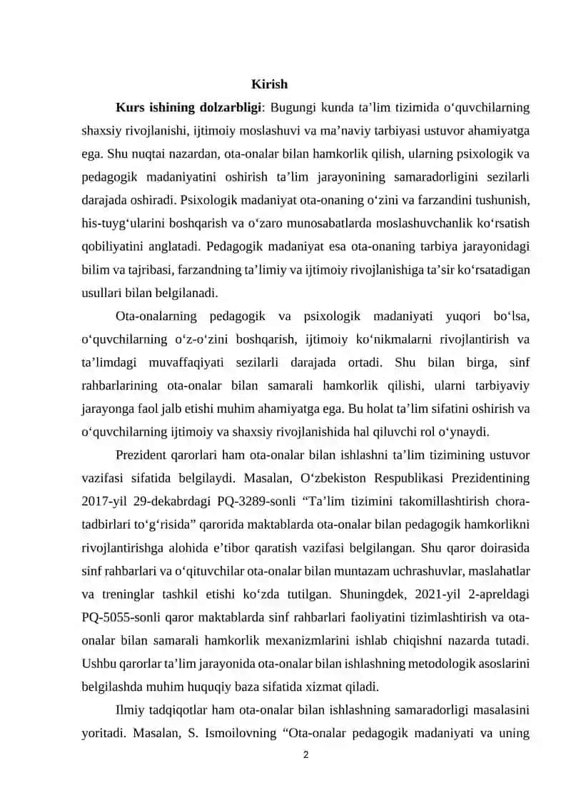 O‘quvchilarning ota-onalarining psixologik va pedagogik madaniyatini oshirish bo‘yicha sinf rahbarlarining faoliyati 2