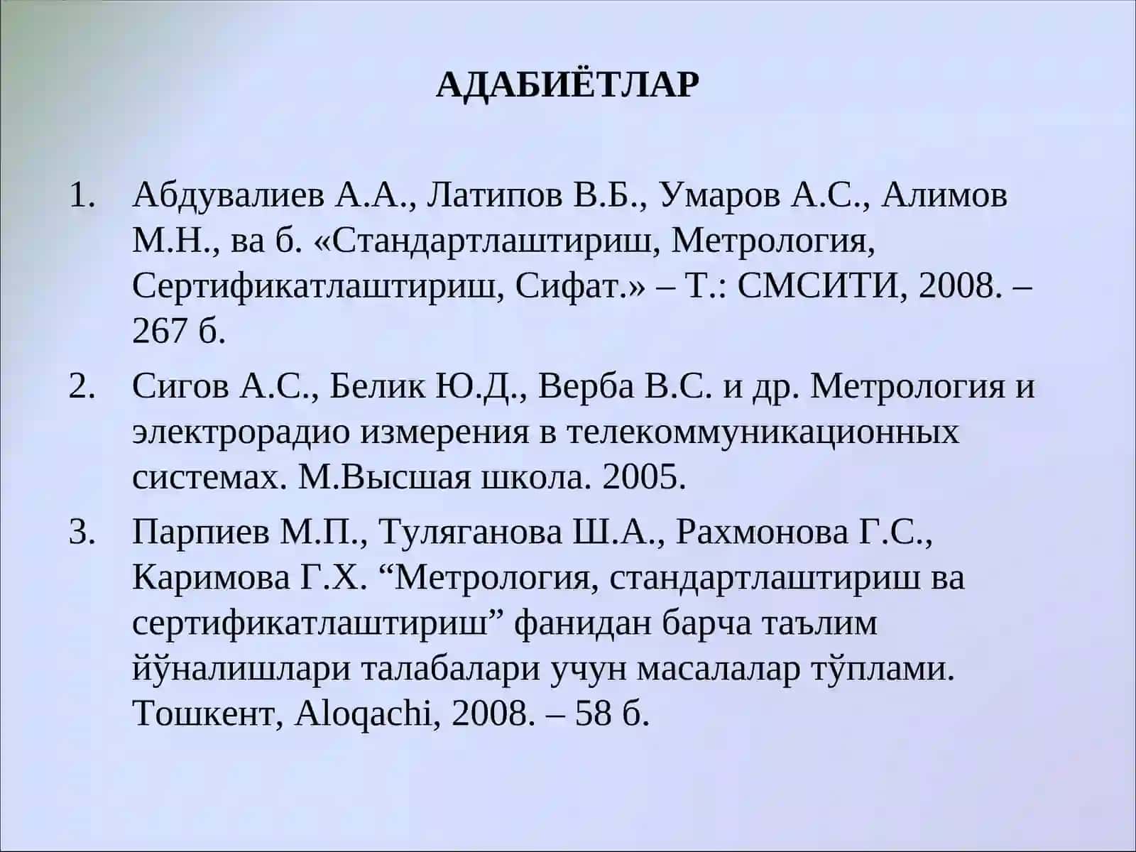5-маъруза. Ўлчаш воситаларининг хатоликларини аниқлик синфи асосида меъёрлаш ва баҳолаш 2