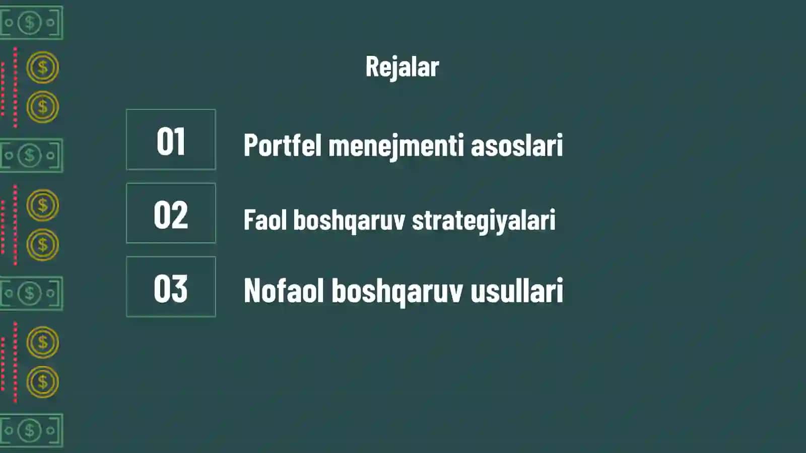Portfel menejmenti strategiyalari, faol va nofaol boshqaruv 2