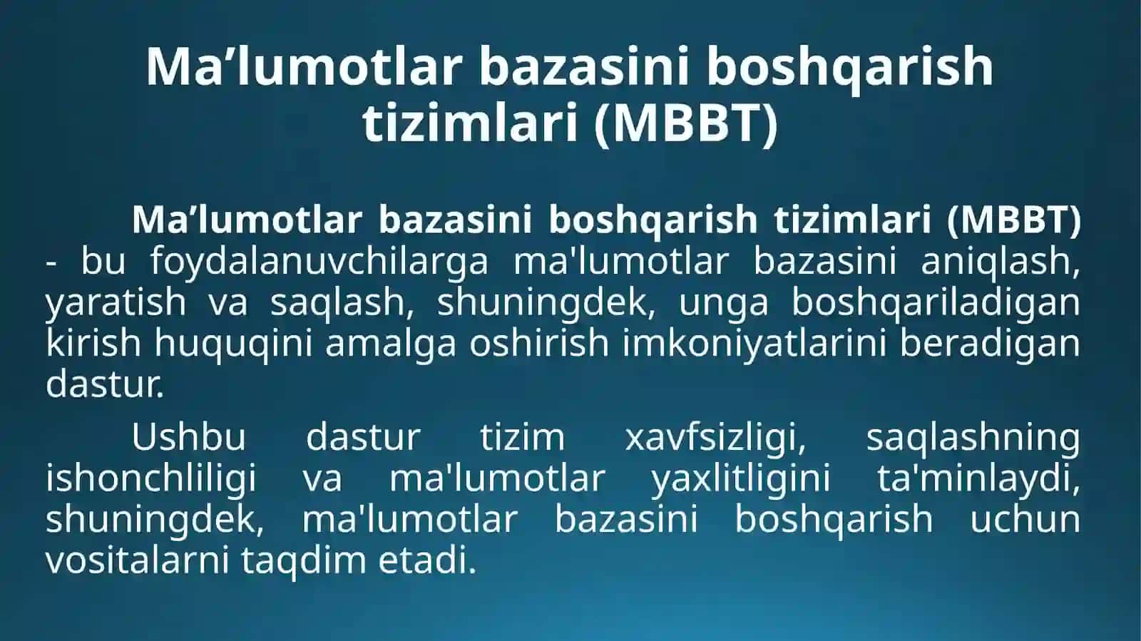 MA’LUMOTLAR BAZASIBOSHQARISH TIZIMLARI 2