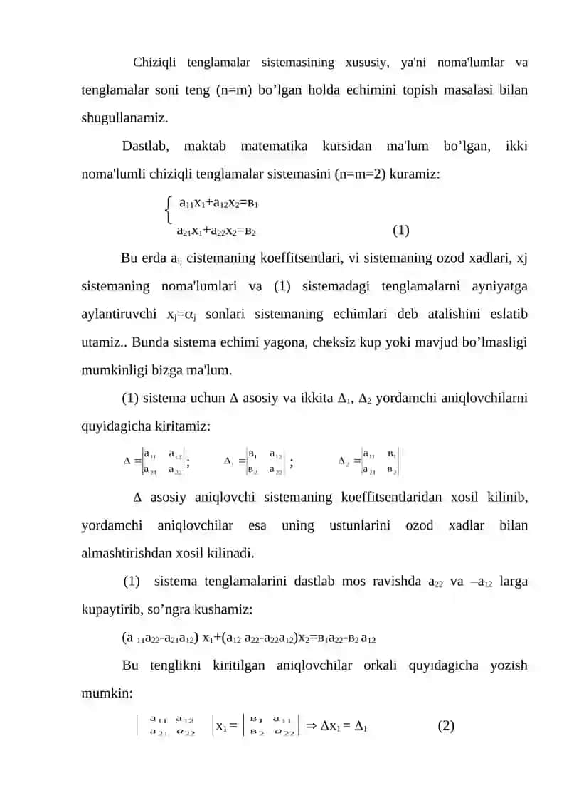 Chiziqli tеnglamalar sistеmasini еchishning kramеr va gauss usullari 2