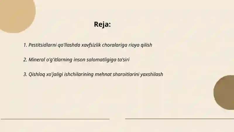 O'zbekiston Respublikasi qishloq xojaligidagi mehnat gigiyenasi asoslari. Pestitsidlar va mineral o'g'itlarni qo'llash gigiyenasi 2