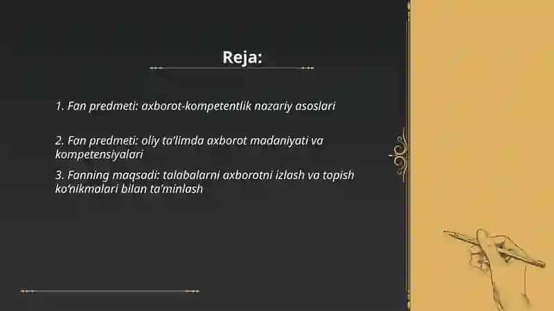 Fan predmeti: axborot-kompetentlik nazariy asoslari 2