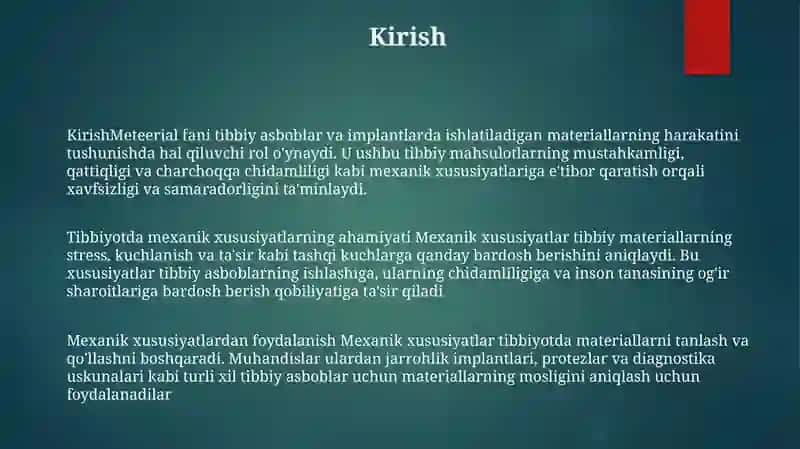 Tibbiyotda Meterialarning Mehanik Hossalarining Ahamiyati Va Undan Foydalanish 2