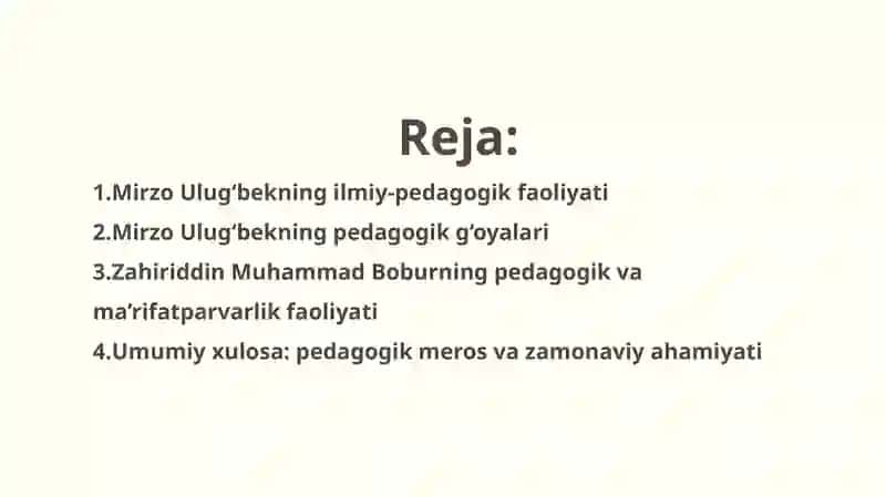 Mirzo Ulug‘bek va Zahiriddin Muhammad Bobur: pedagogik g‘oyalar va ma’rifatparvarlik xizmatlari 2
