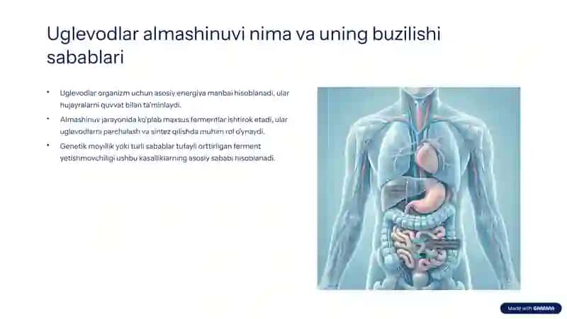 Uglevodlar almashinuvi buzilishi bilan kechuvchi kasalliklar (galaktozemiya, fruktozemiya, glikogenozlar) 2