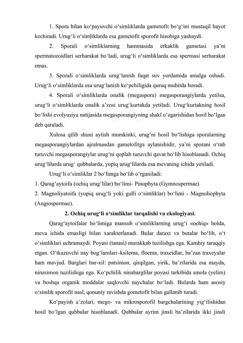 Urug‘li o‘simliklar. Qarag‘aytoifa (ochiq urug‘lilar) – Rinophyta (Gymnospermae) o‘simliklar bo‘limi referat 2