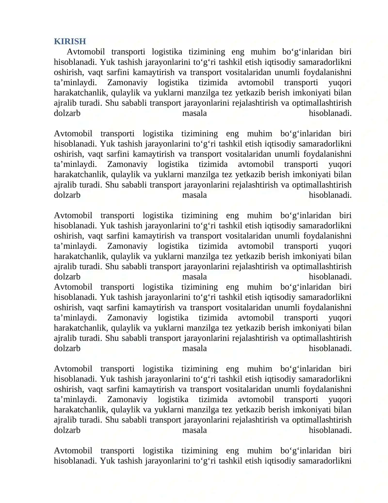 AVTOMOBIL TRANSPORTIDA YUKLARNI TASHISHNI TASHKIL ETISH KURS LOYIHASI 2