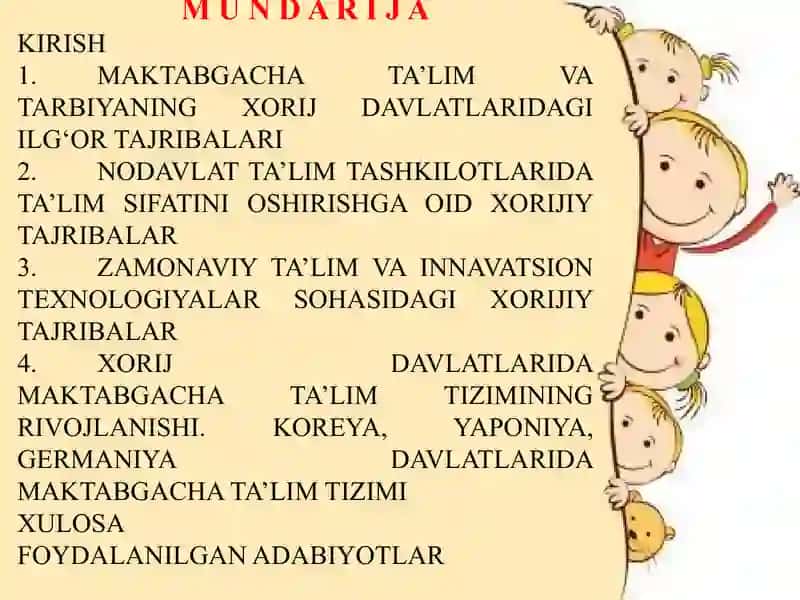 "MAKTABGACHA TA`LIMDA BOSHQARUV VA MENEJMENTFANIDAN“RIVOJLANGAN MAMLAKATLARDA MAKTABGACHA TA`LIM TIZIMI”MAVZUSIDA TAQDIMOT" 2