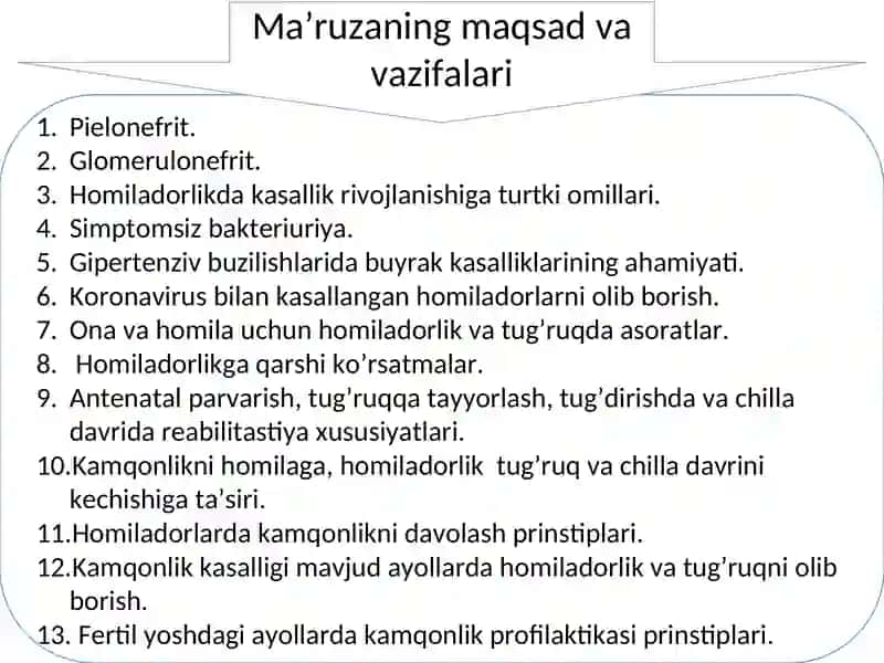 Siydik yo’li infeksiyalarida homiladorlik va tug’ruq. Kamqonlikda homiladorlik va tug’ruq. 2