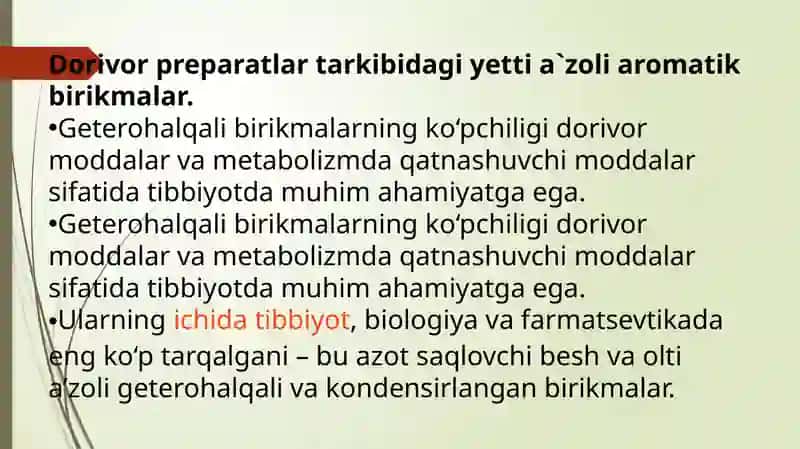 Kraun efirlar – dori vositalari sifatida .Dorivor preparatlar tarkibidagi yetti a’zoli aromatik birikmalar 2