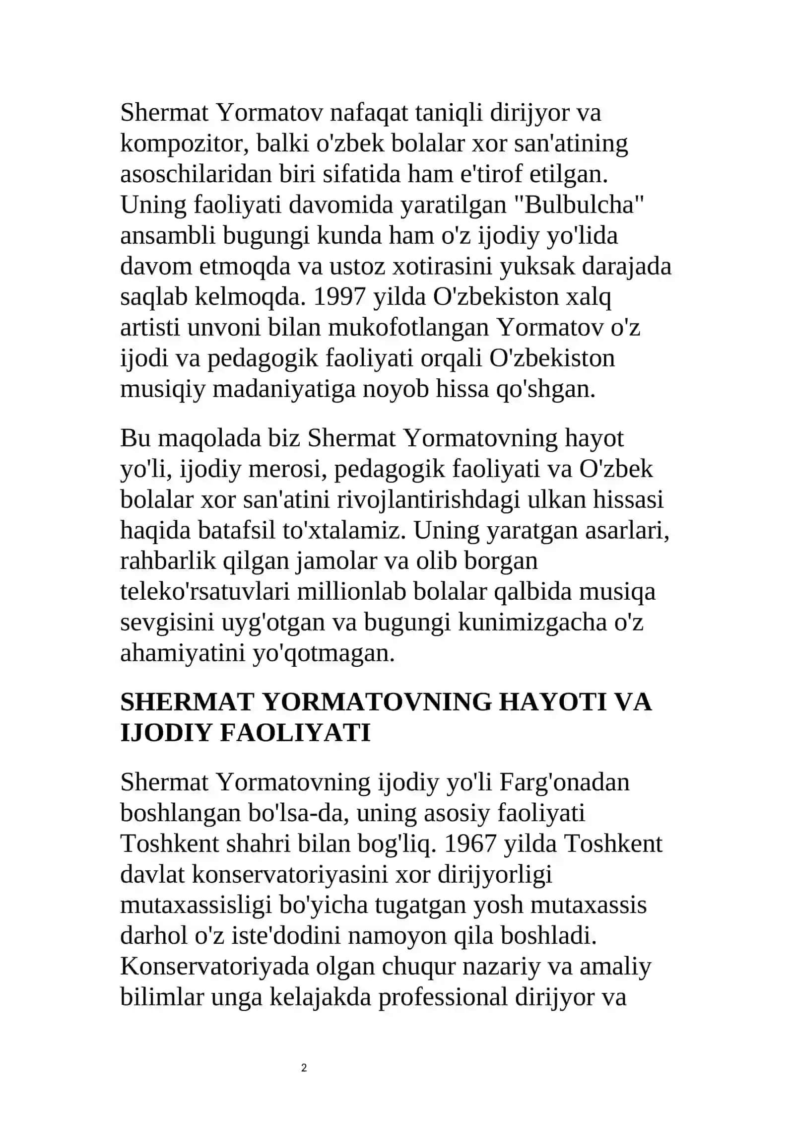 SHERMAT YORMATOV – O'ZBEK BOLALAR XOR SAN'ATINING BUYUK USTOZI 2