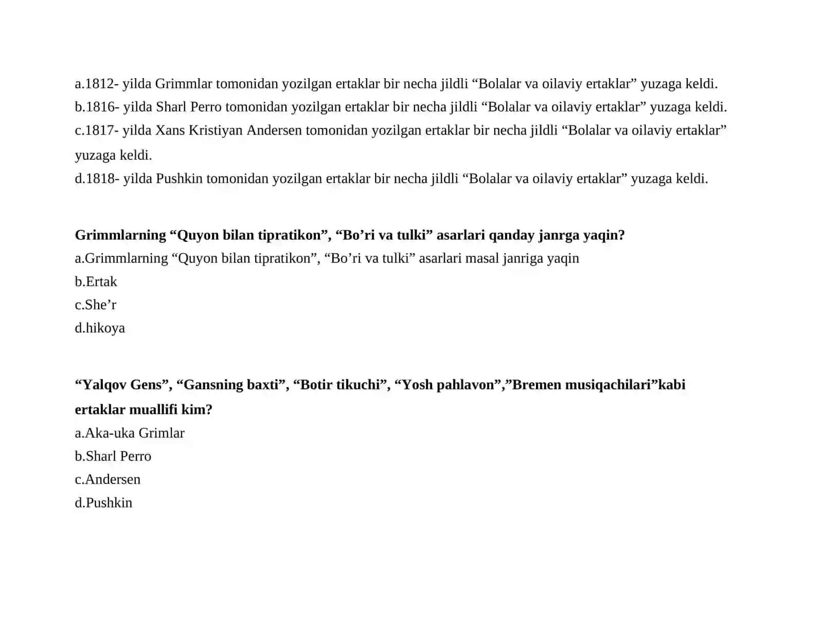 Bolalar adabiyoti fanidan test 2