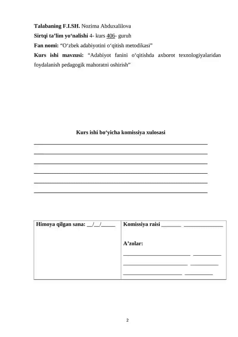 Adabiyot fanini oʻqitishda axborot texnologiyalaridan foydalanish pedagogik mahoratni oshirish 2