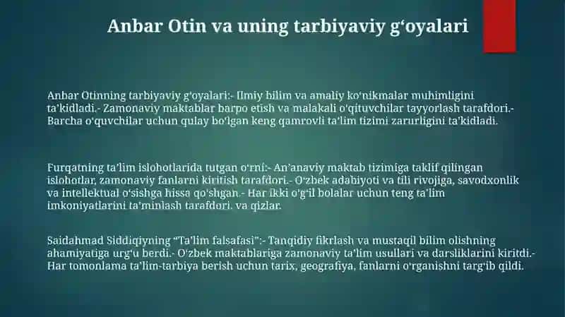 Xix Asrning Ikkinchi Yarmi Va Xx Asr Boshlarida Ta’Lim Va Pedagogik Fikrlar (Anbar Otin, Furqat, Saidahmad Siddiqiy, Abdulla Avloniylaring) Ta’Lim-Tarbiya Taraqqiyotida Tutgan O‘Rni 2