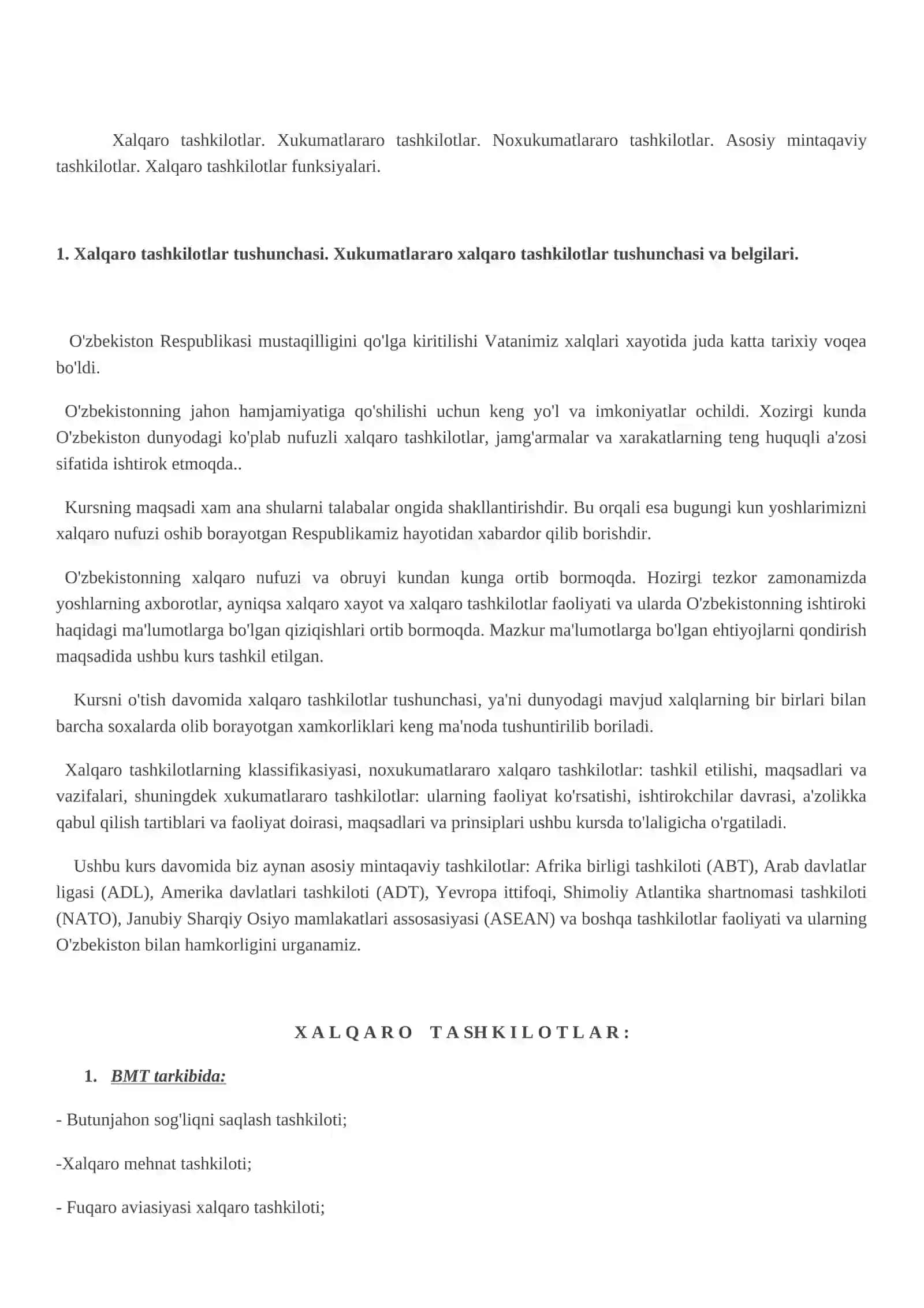 XALQARO TASHKILOTLAR. ULARNING MAQSAD VA VAZIFALARI 2