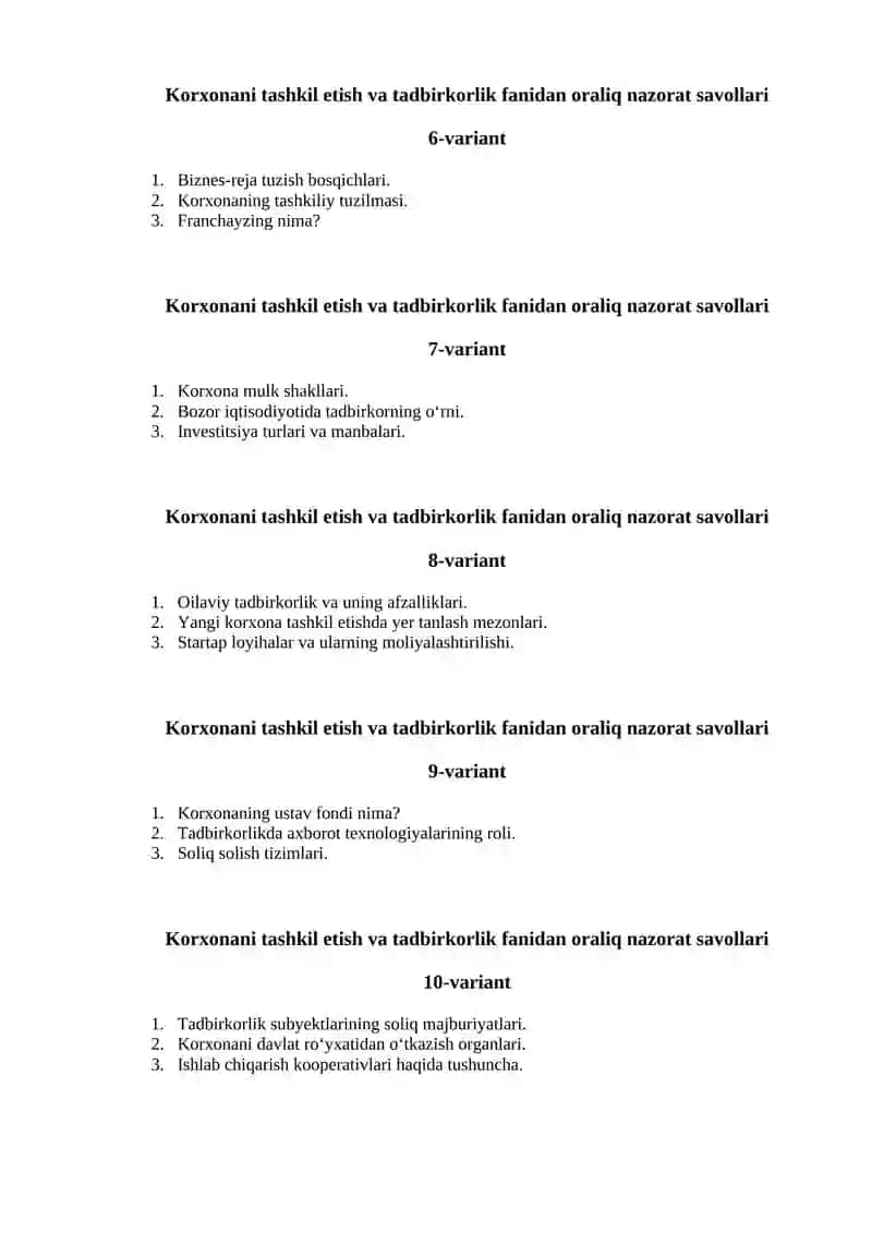 Korxonani tashkil etish va tadbirkorlik fanidan oraliq nazorat savollari 2