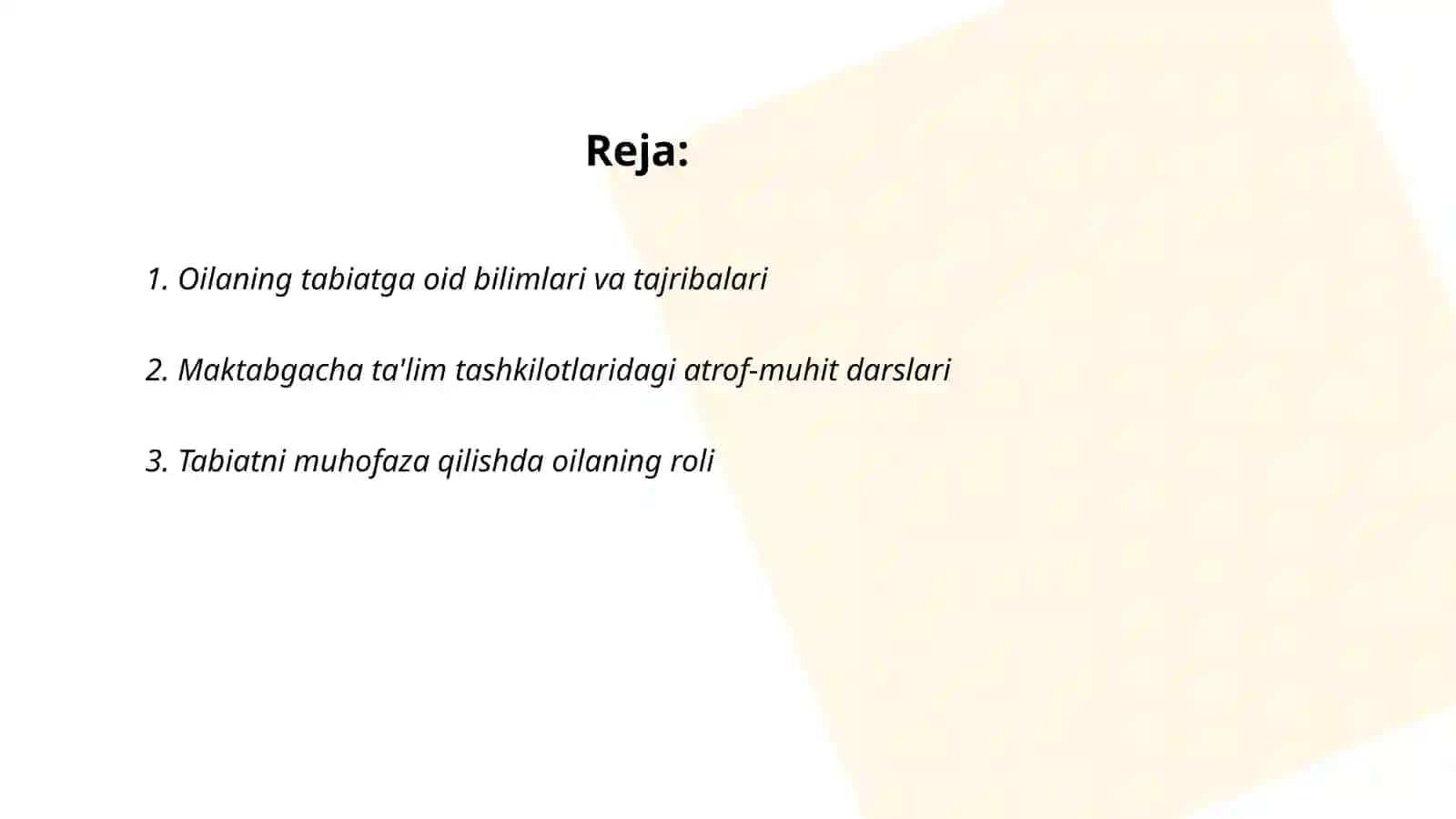 Аtrоf-оlаm vа tаbiаt bilаn tаnishtirish ishlаrini rejаlаshtirishdа оilа MTT hаmkоrligi 2
