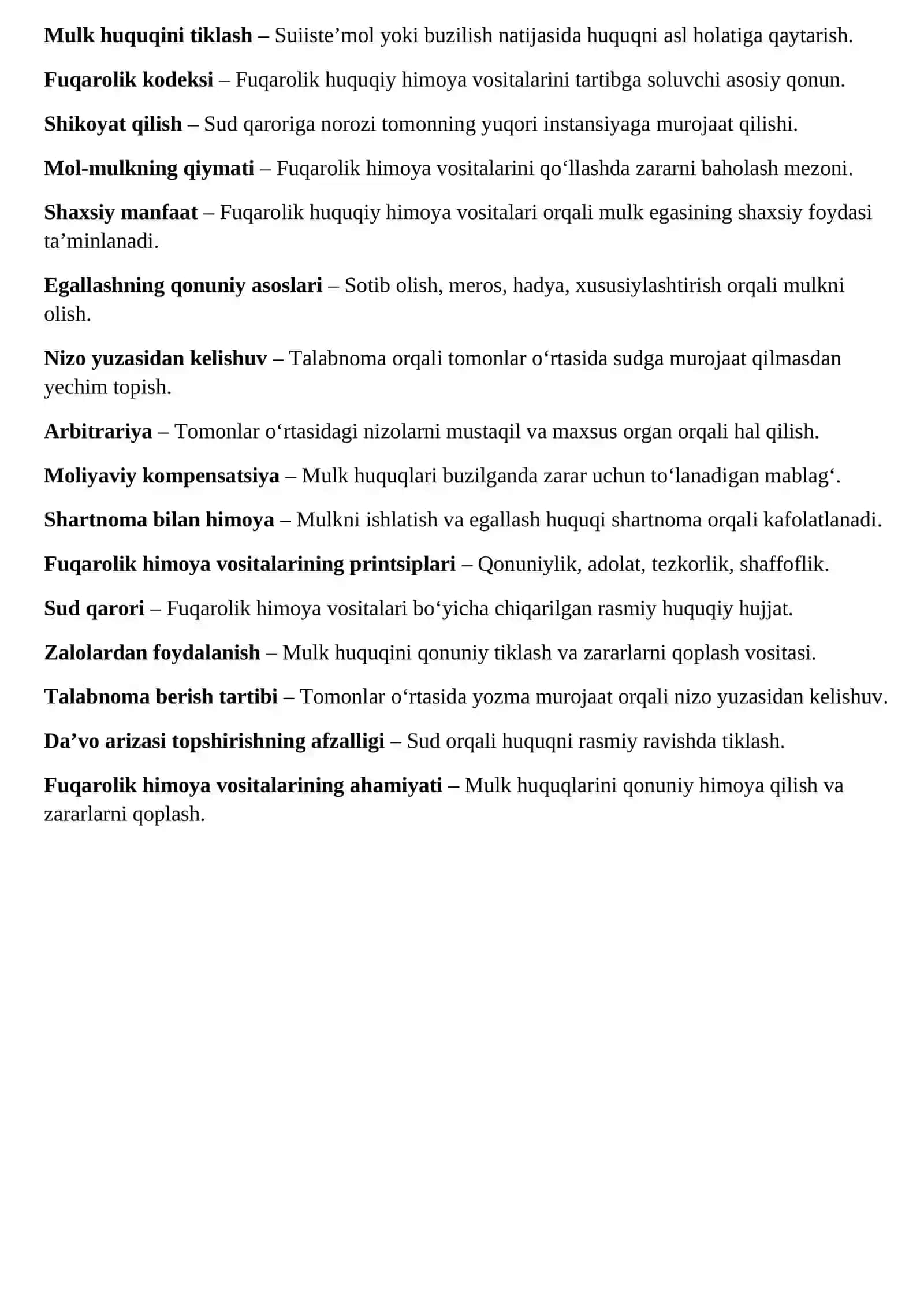 Mulk huquqini himoya qilishning fuqarolik huquqiy usullari bo‘yicha glossariy 2