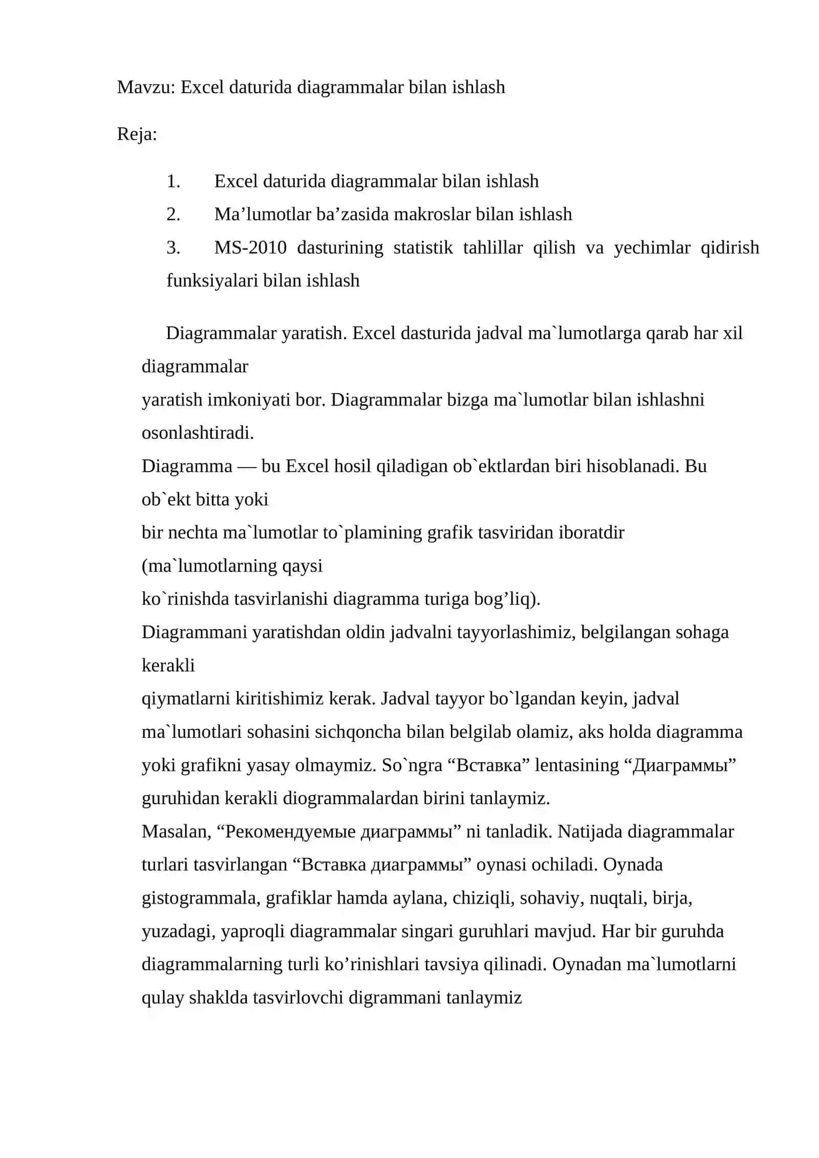 Excel daturida diagrammalar bilan ishlash 2