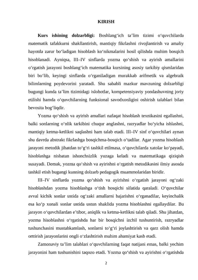 3-4 sinflarda yozma qo'shish va ayirishni o'rgatish metodikasi 2