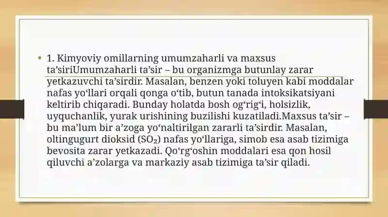 Kimyoviy omillarning umumzaharli va maxsus ta’siri 2