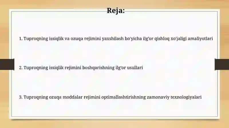 Tuproqning issiqlik va oziq rejimlarini yaxshilash bo'yicha ilgor fermer xo'jaliklari tajribalari 2