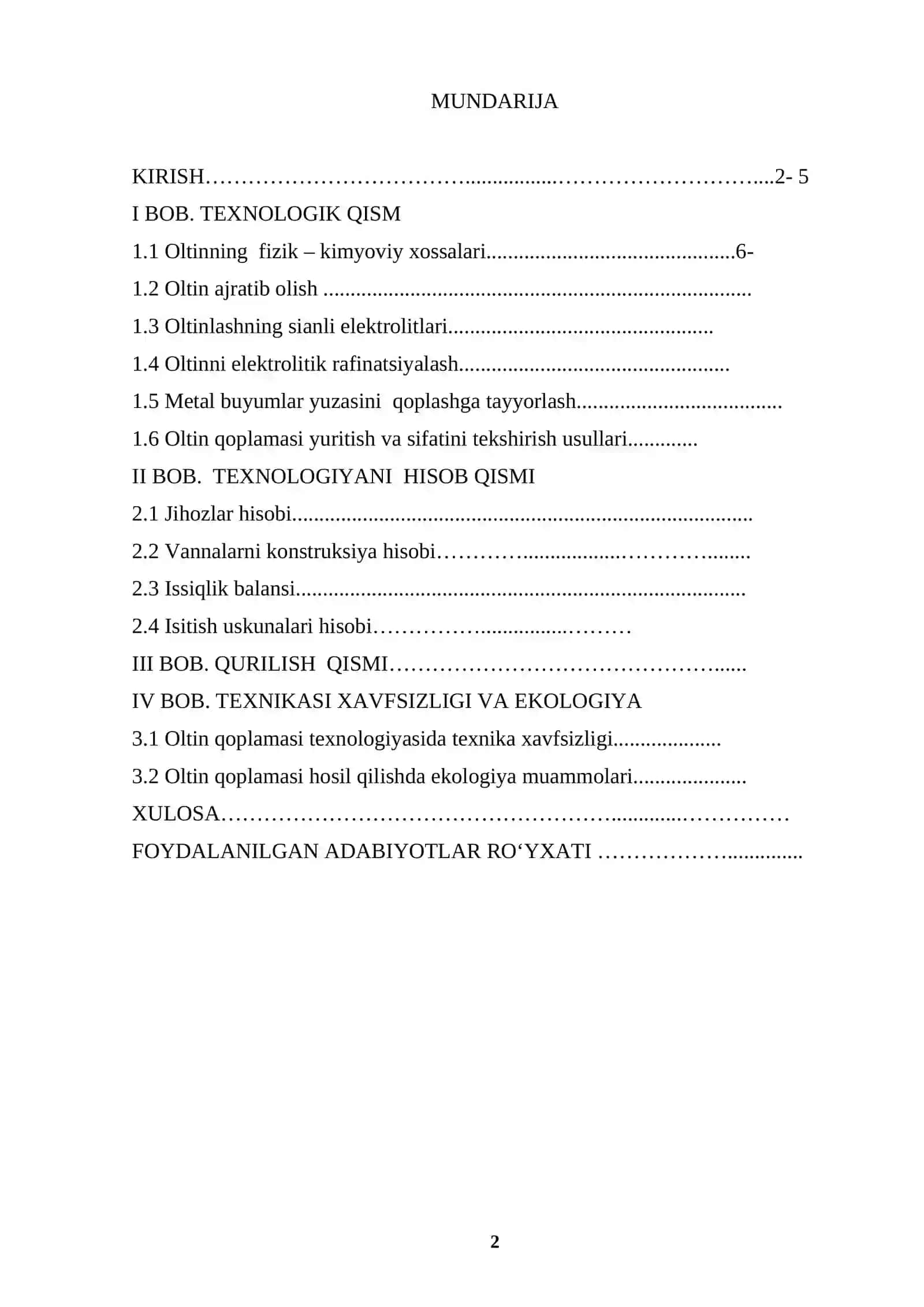Elektrokimyoviy usulda sanoat chiqindilaridan oltinni ajratib olish va qoplash sexi (quvvati 2000 m2/ yil)ni loyihalash 2