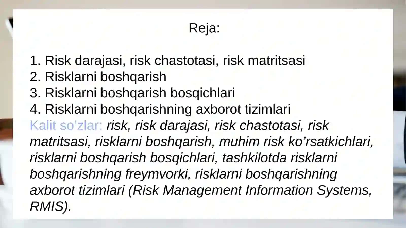Risklarni o'lchash usullari 2