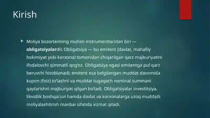 Qarz majburiyatlarini ifodalovchi qimmatli qog'ozlar. (Obligatsiyalar bozori) 2