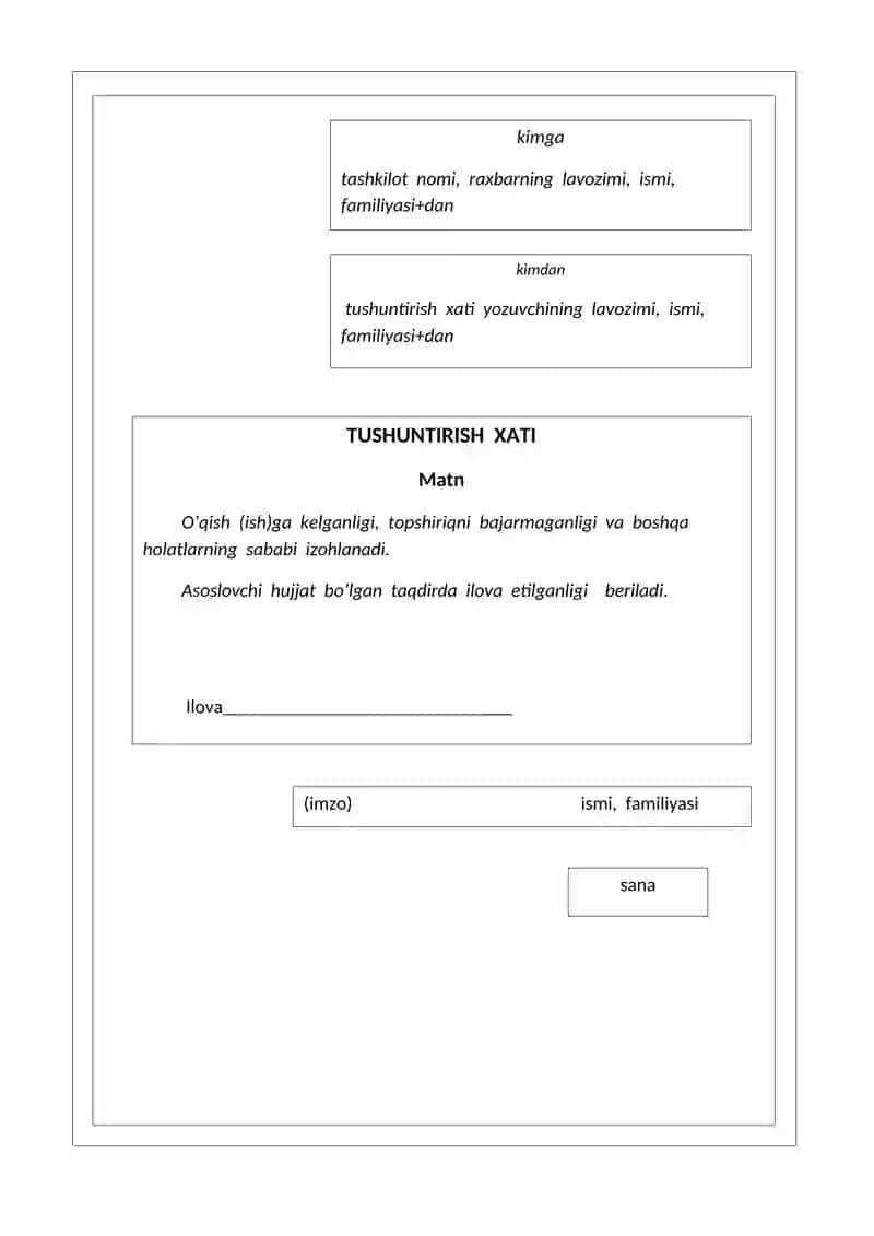 Hisobot, Tushuntirish xati, Buyruq namuna shartlari 2