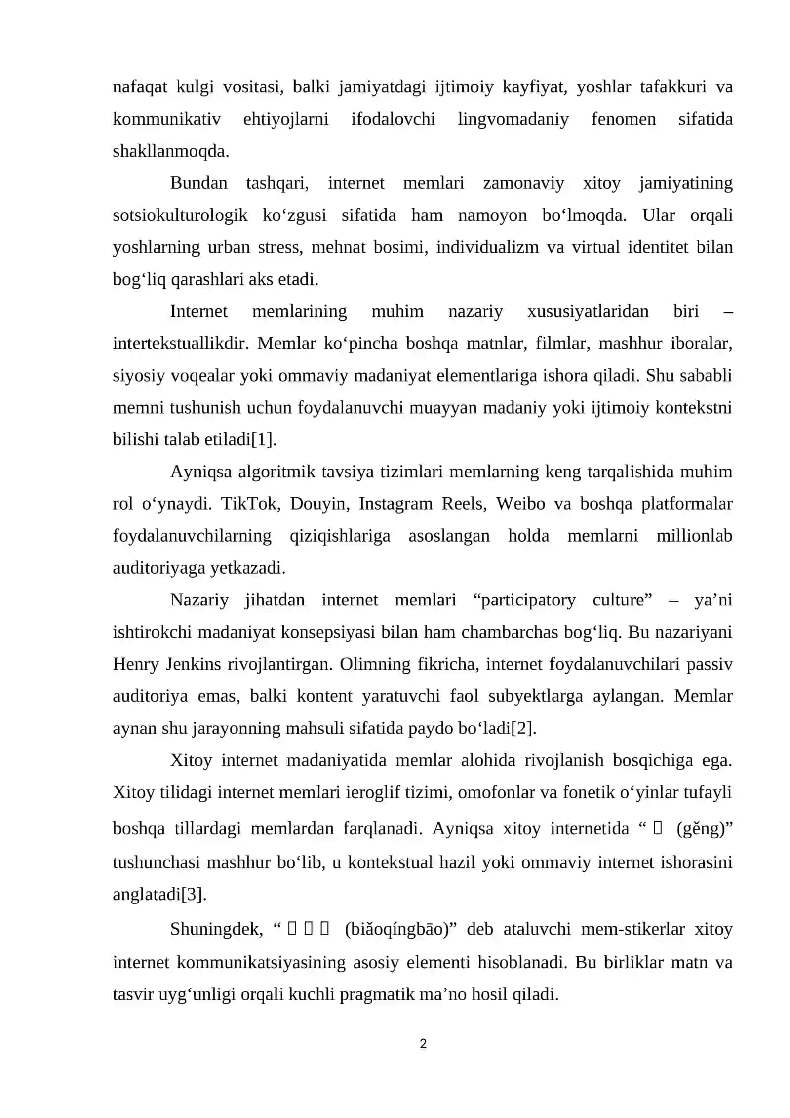 XITОY TILIDАGI INTЕRNЕT MЕMLАRI TАDQIQI: TIL VА ОMMАLАSHUV XUSUSIYАTLАRI 2