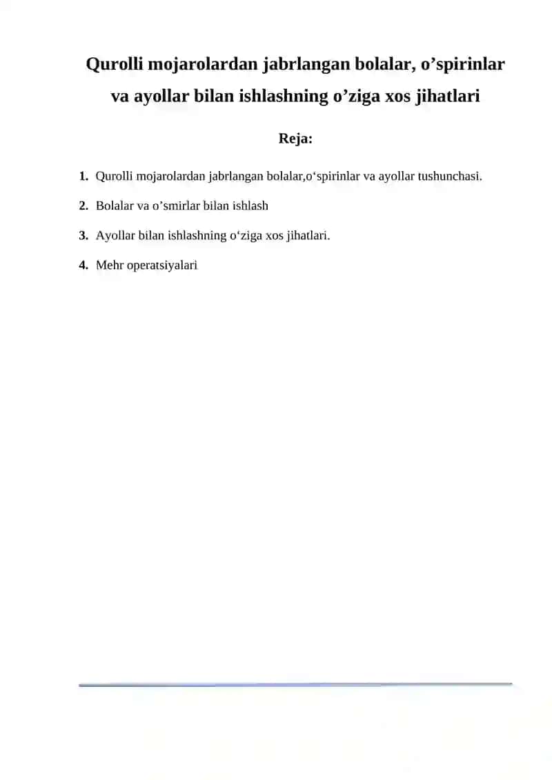 Qurolli mojarolardan jabrlangan bolalar, o‘sirinlar va ayollar bilan ishlashning o‘ziga xos jihatlari Referati 2