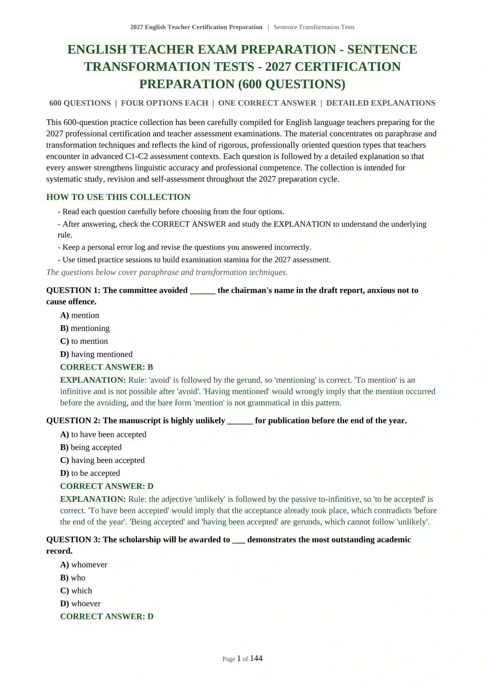 2027 English Teacher Certification Preparation | Sentence Transformation Tests 2