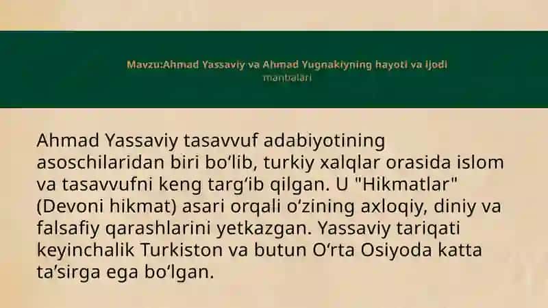 Ahmad Yassaviy va Ahmad Yugnakiyning hayoti va ijodimanbalari 2