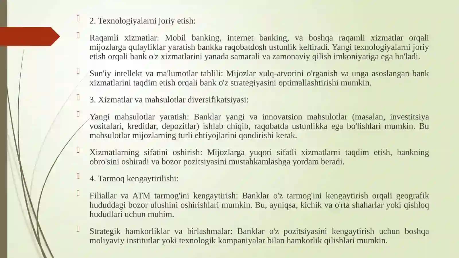Tijorat banki bozor pozitsasi va uni bank strategiyasi mos ravishda o’zgarish yo’llari 2