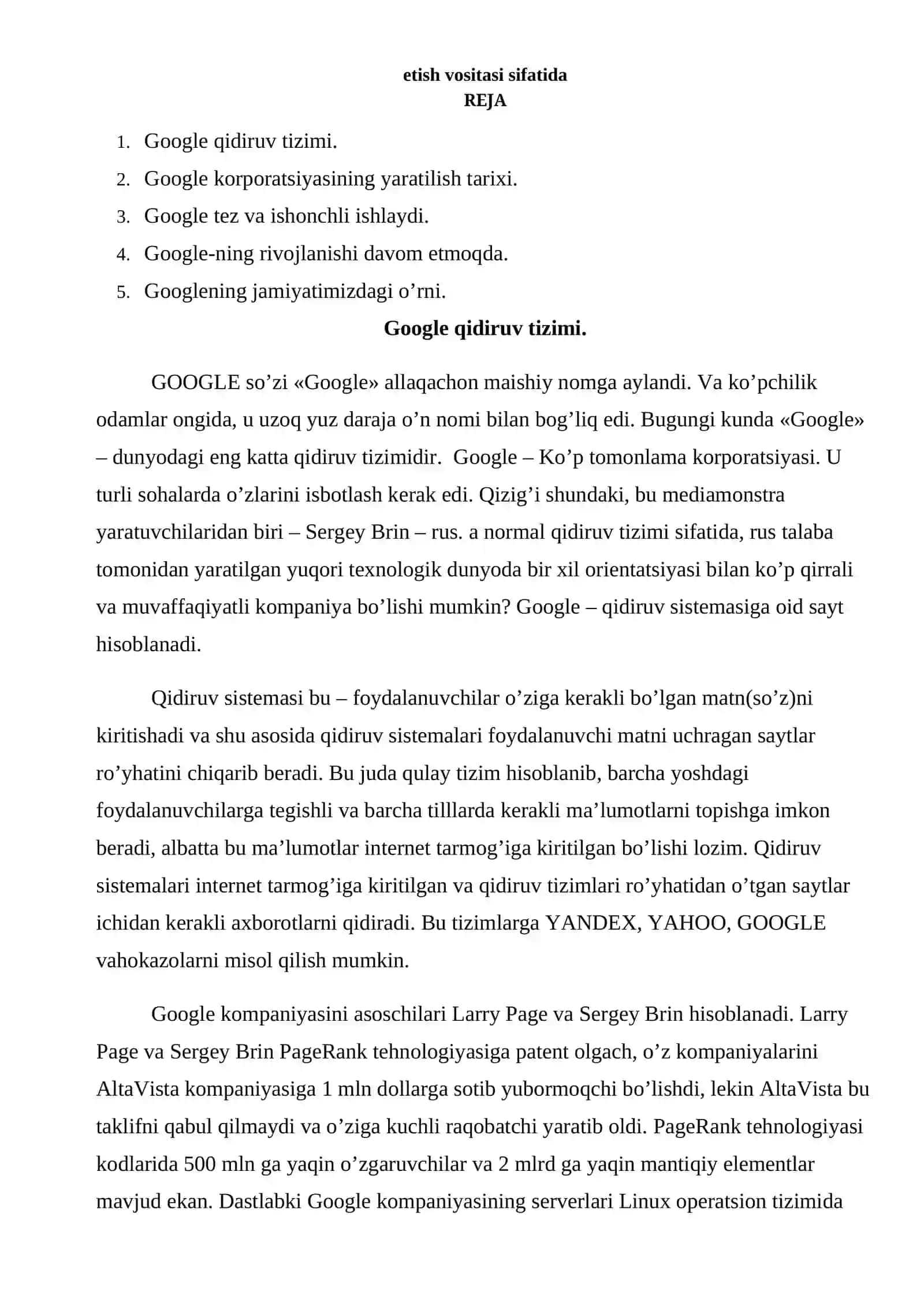 GOOGLE xizmatlari elektron ta’lim resurslarini ishlab chiqish va nashr etish vositasi sifatida 2