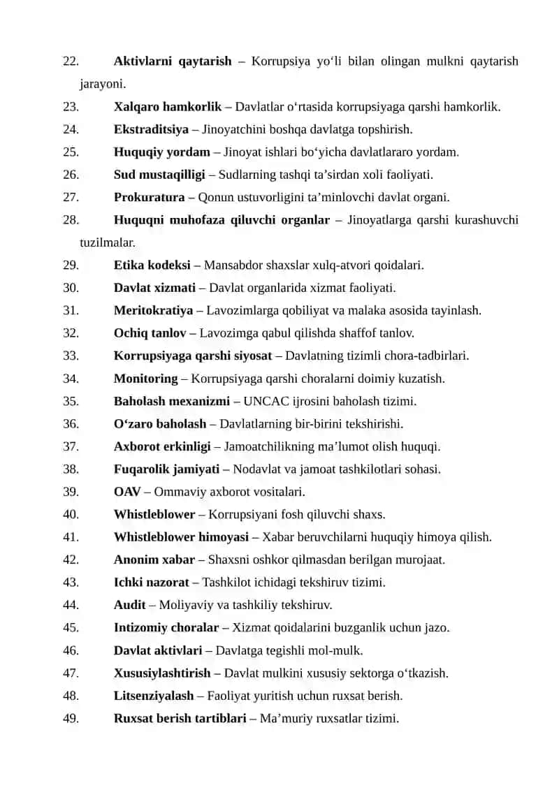 BMT Korrupsiyaga qarshi konvensiyasi bo‘yicha glossariy (100 ta) 2