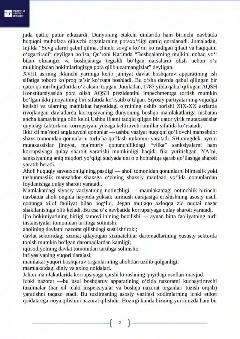 O‘ZBEKISTONNING KORRUPSIYAGA QARSHI KURASH SIYOSATI 2
