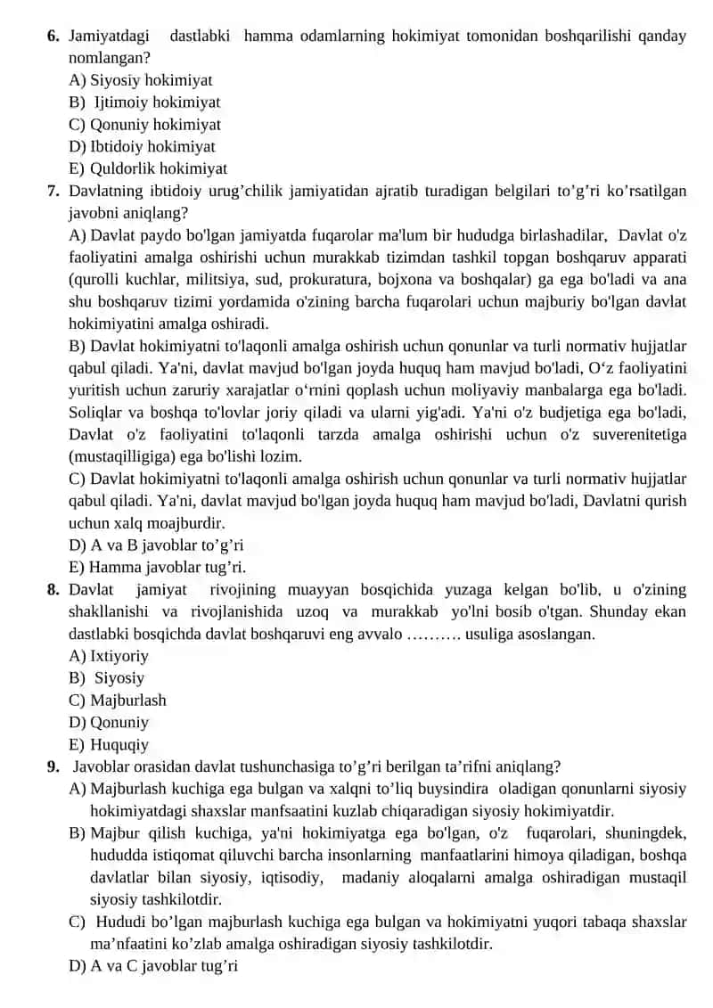 Davlat va huquq asoslari test savolllari 2