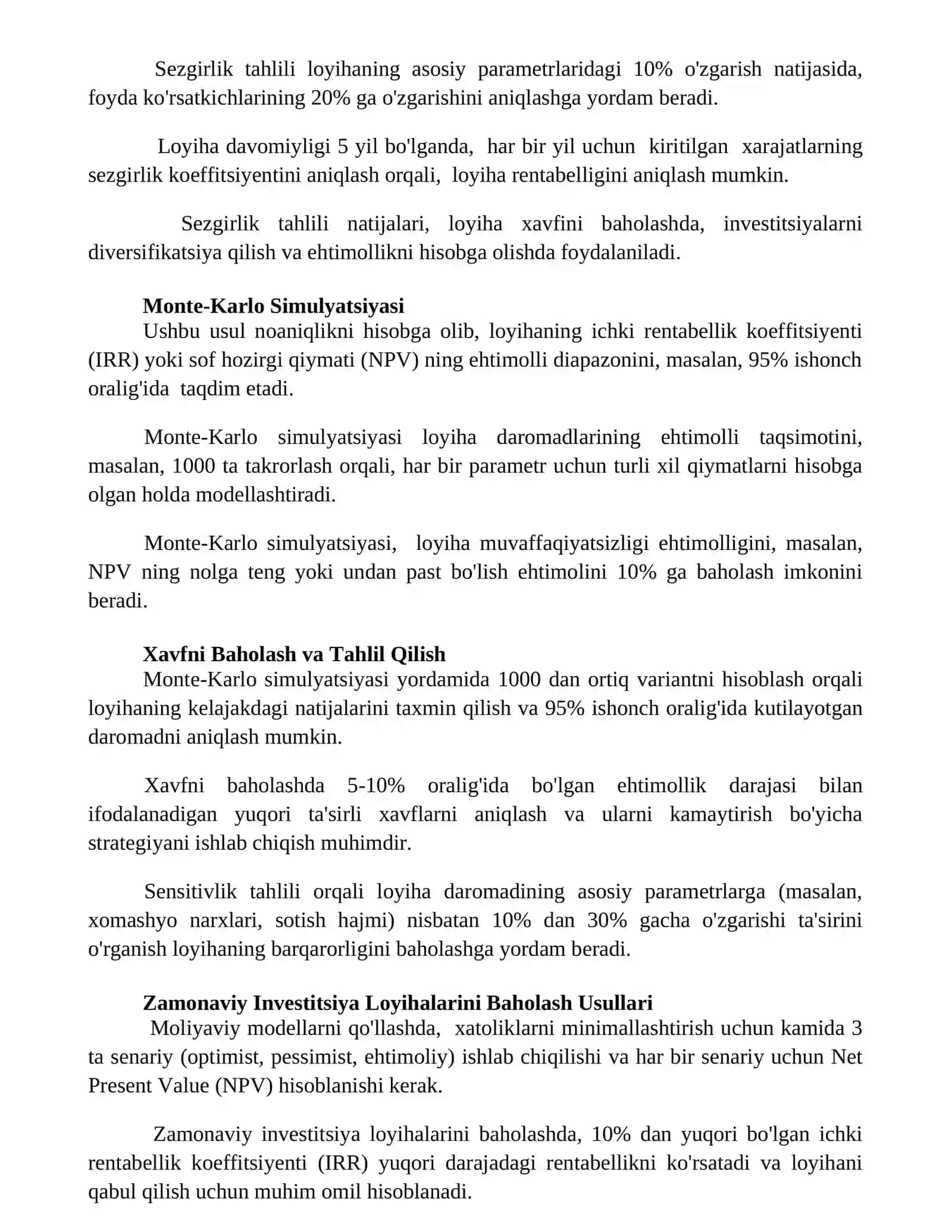 Investitsiya loyihalarni baholashning zamonaviy usullari 2