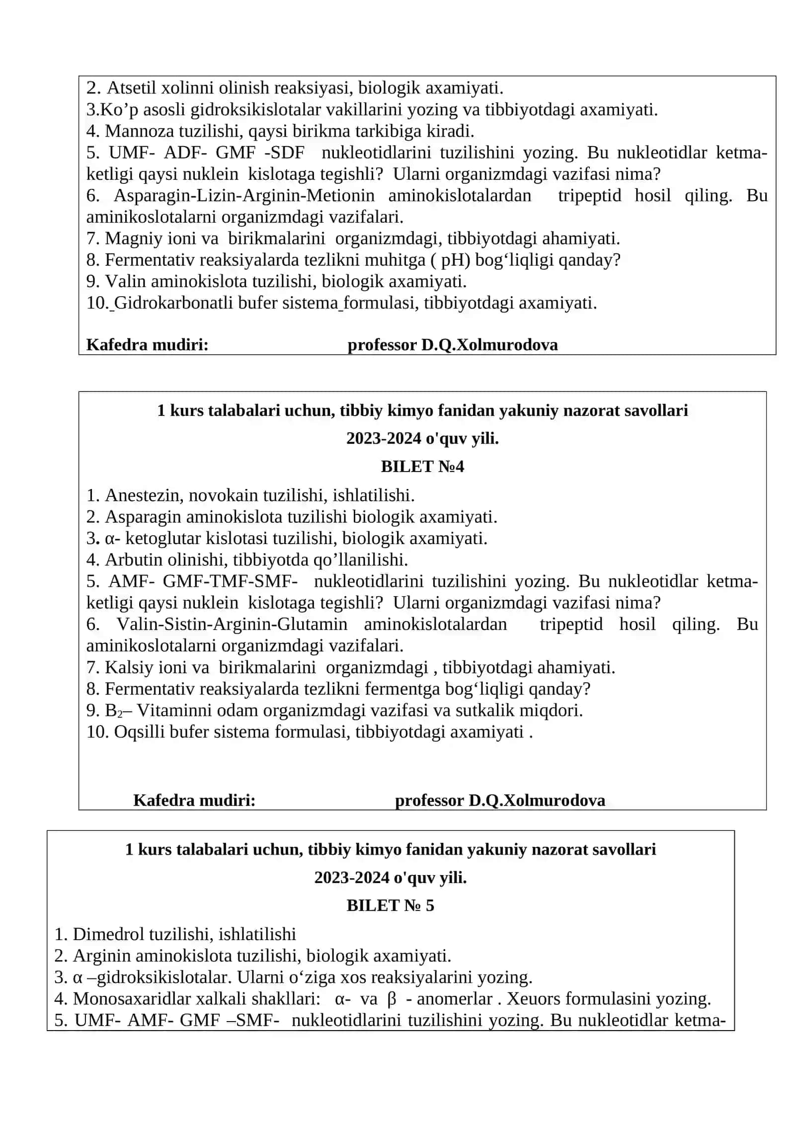 Tibbiy kimyo fanidan yakuniy nazorat savollari 2